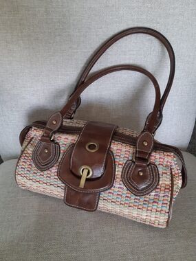 Vintage Woven Multicolor Barrel Satchel with Brown Leather Trim